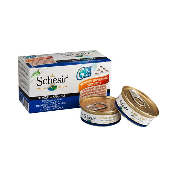 مولتی پک کنسرو گربه بالغ 6عددی طعم تن و ماهی سی باس Schesir